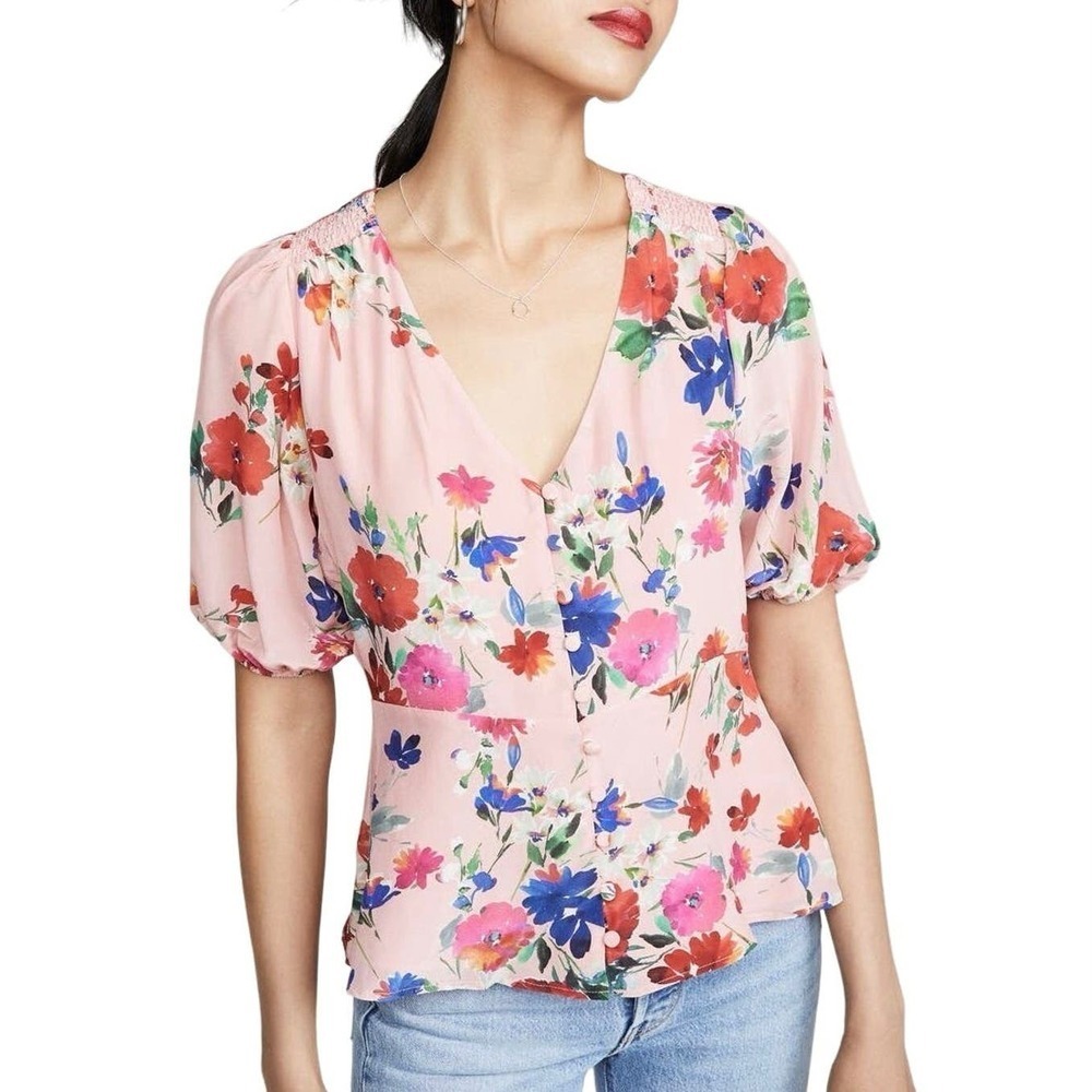 Yumi Kim Silk Floral Print Puff Sleeve V-Neck Button Front Blouse Top Pink - M